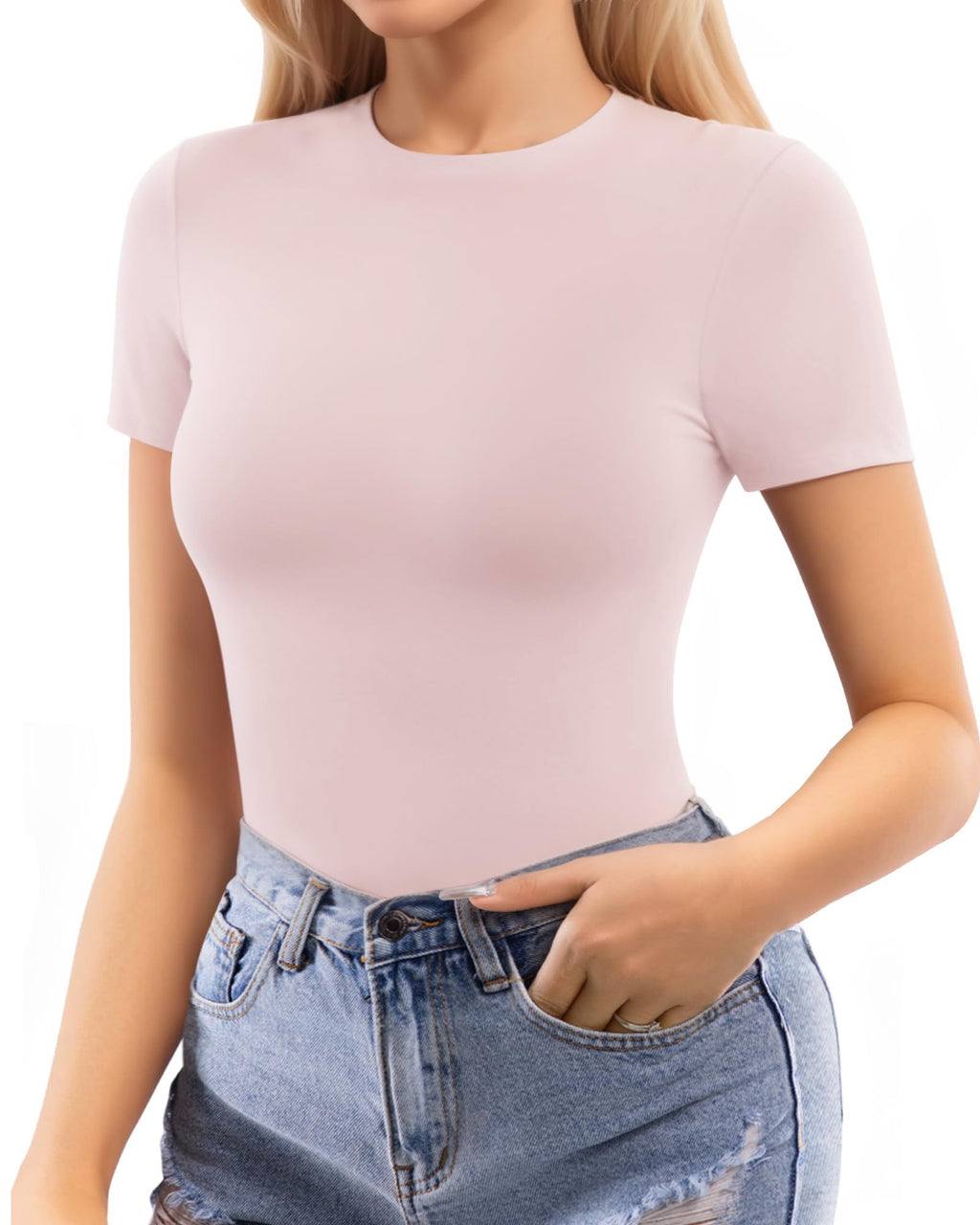 MANGOPOP Womens Short Sleeve Bodysuit Crew Neck Double Lined T-shirt Tops Second Skin Bodysuit Collection
