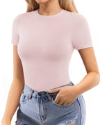 MANGOPOP Womens Short Sleeve Bodysuit Crew Neck Double Lined T-shirt Tops Second Skin Bodysuit Collection