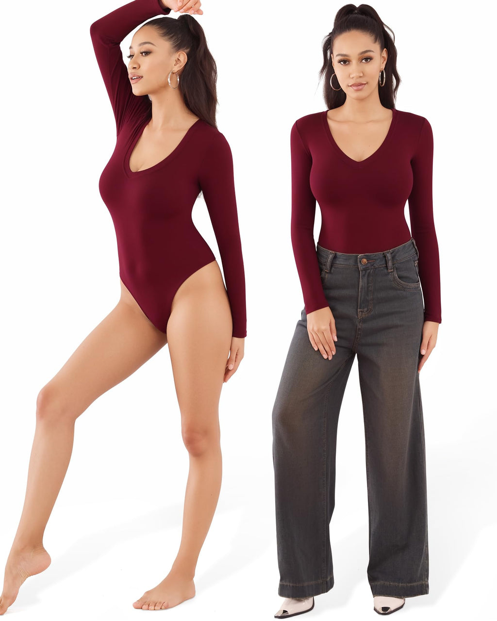 MANGOPOP Deep V Neck Long Sleeve Bodysuits for Women Sexy Going Out Tops Body Suits