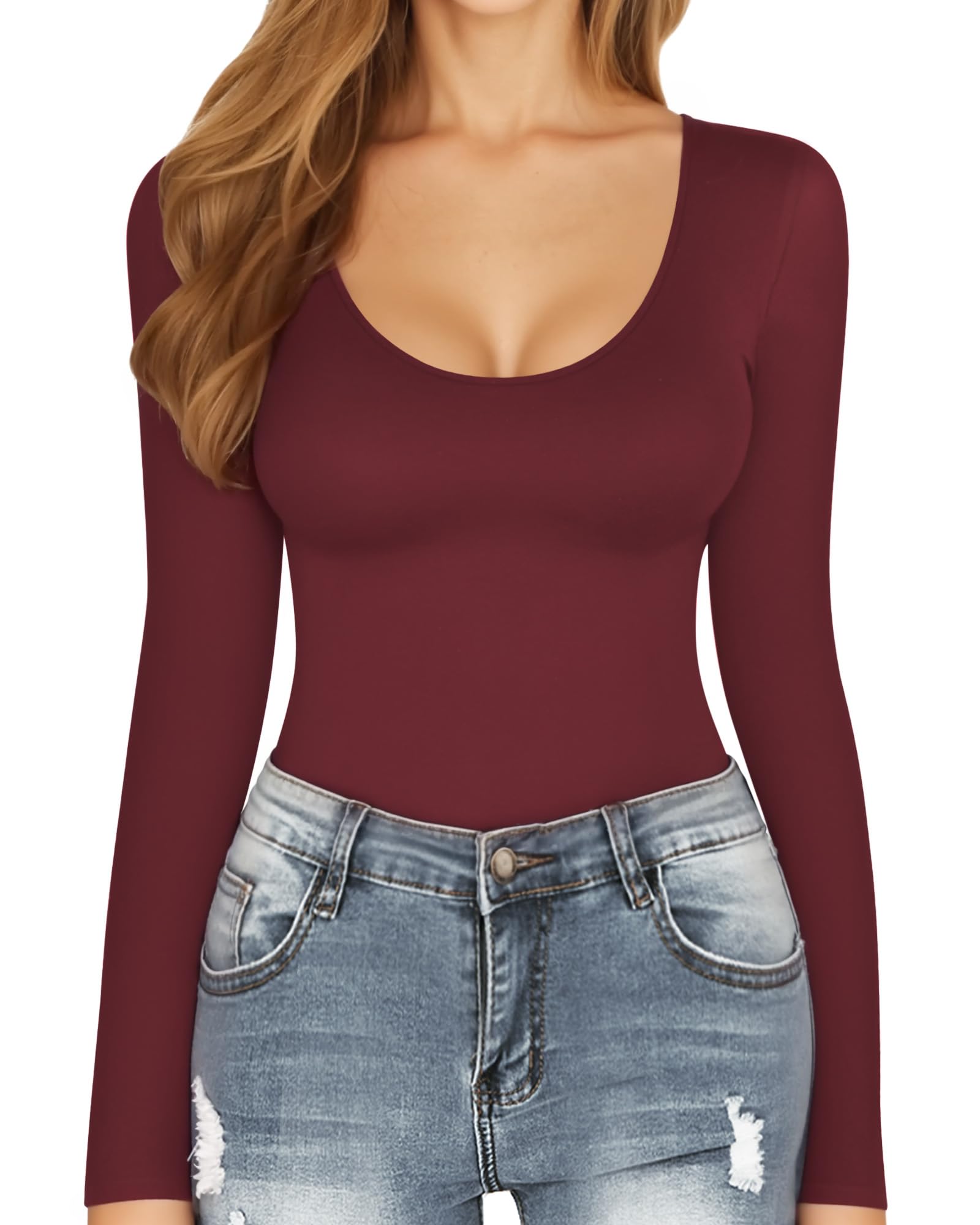 MANGOPOP Long Sleeve Bodysuits for Women Scoop Neck Ribbed Body Suit Stretchy Basic T Shirt Tops