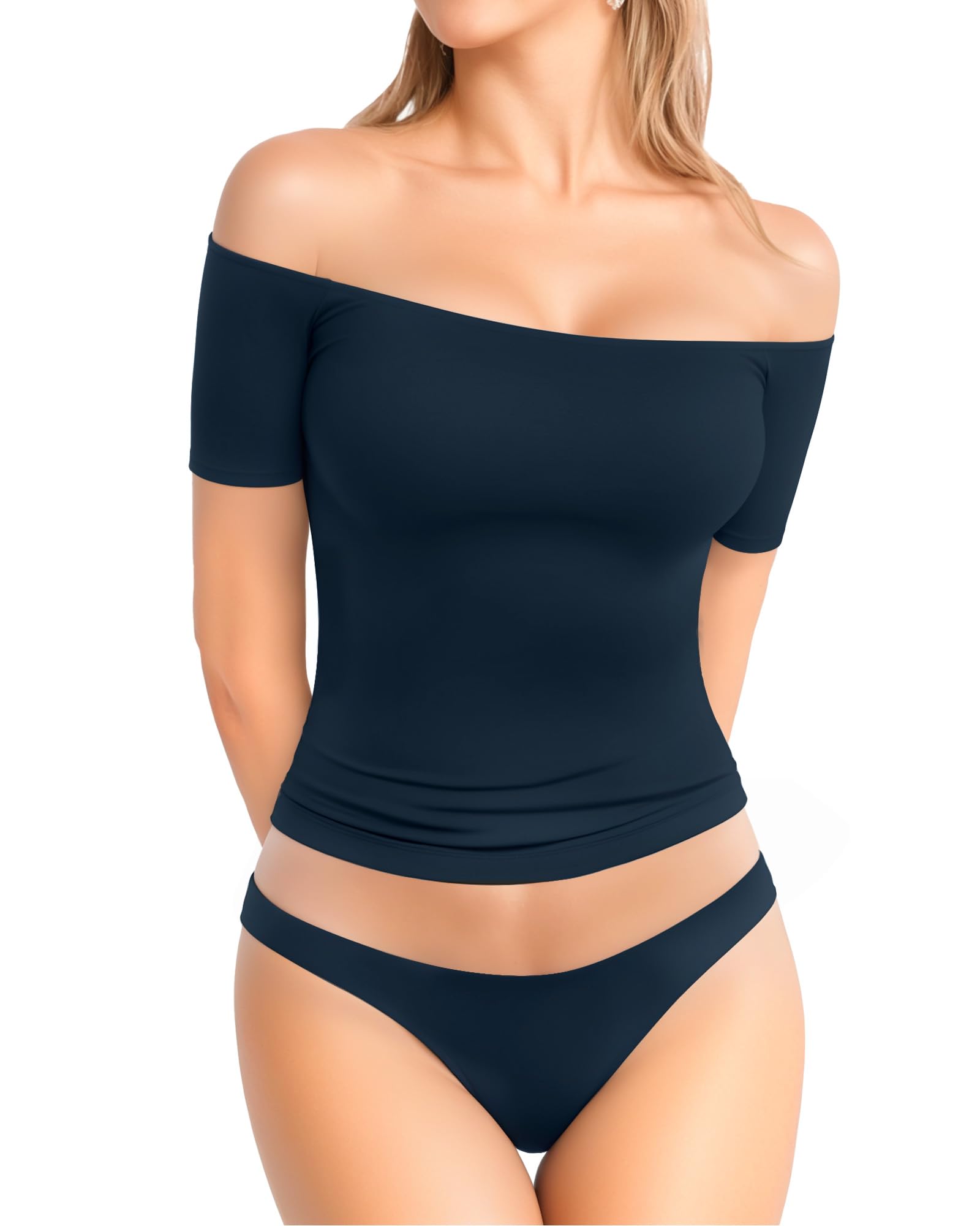 MANGOPOP Off The Shoulder Tops for Women Sexy Short Sleeve T Shirt Slim Fitted Tee Casual Blouse Going Out Tops