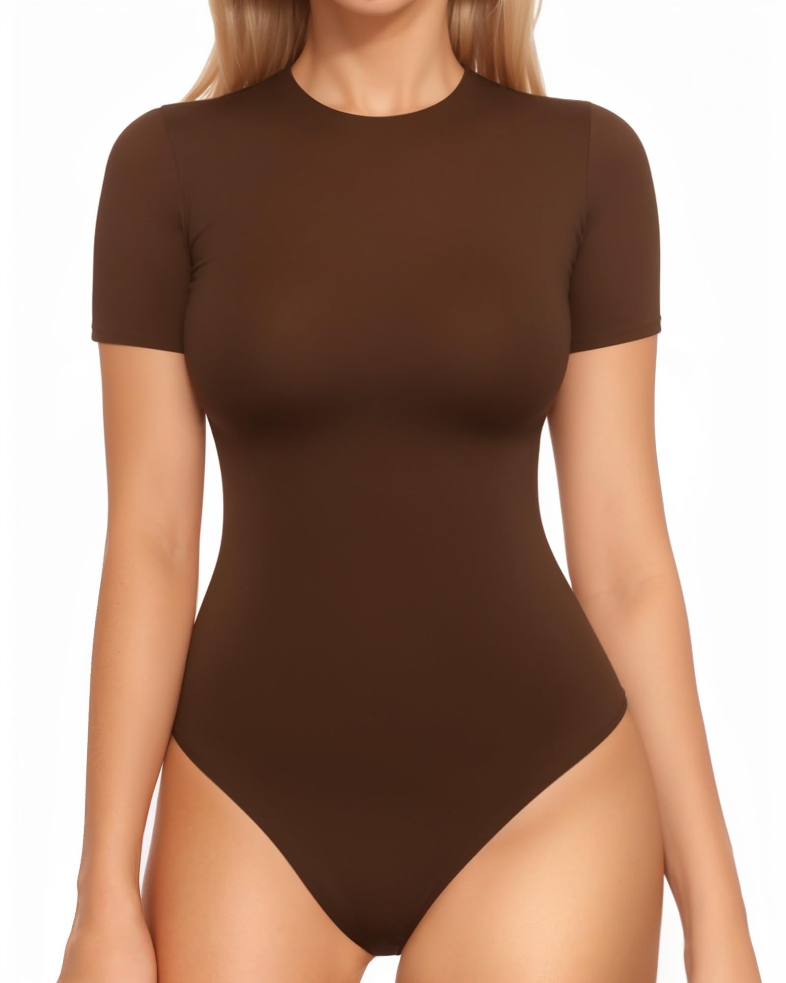 MANGOPOP Womens Short Sleeve Bodysuit Crew Neck Double Lined T-shirt Tops Second Skin Bodysuit Collection