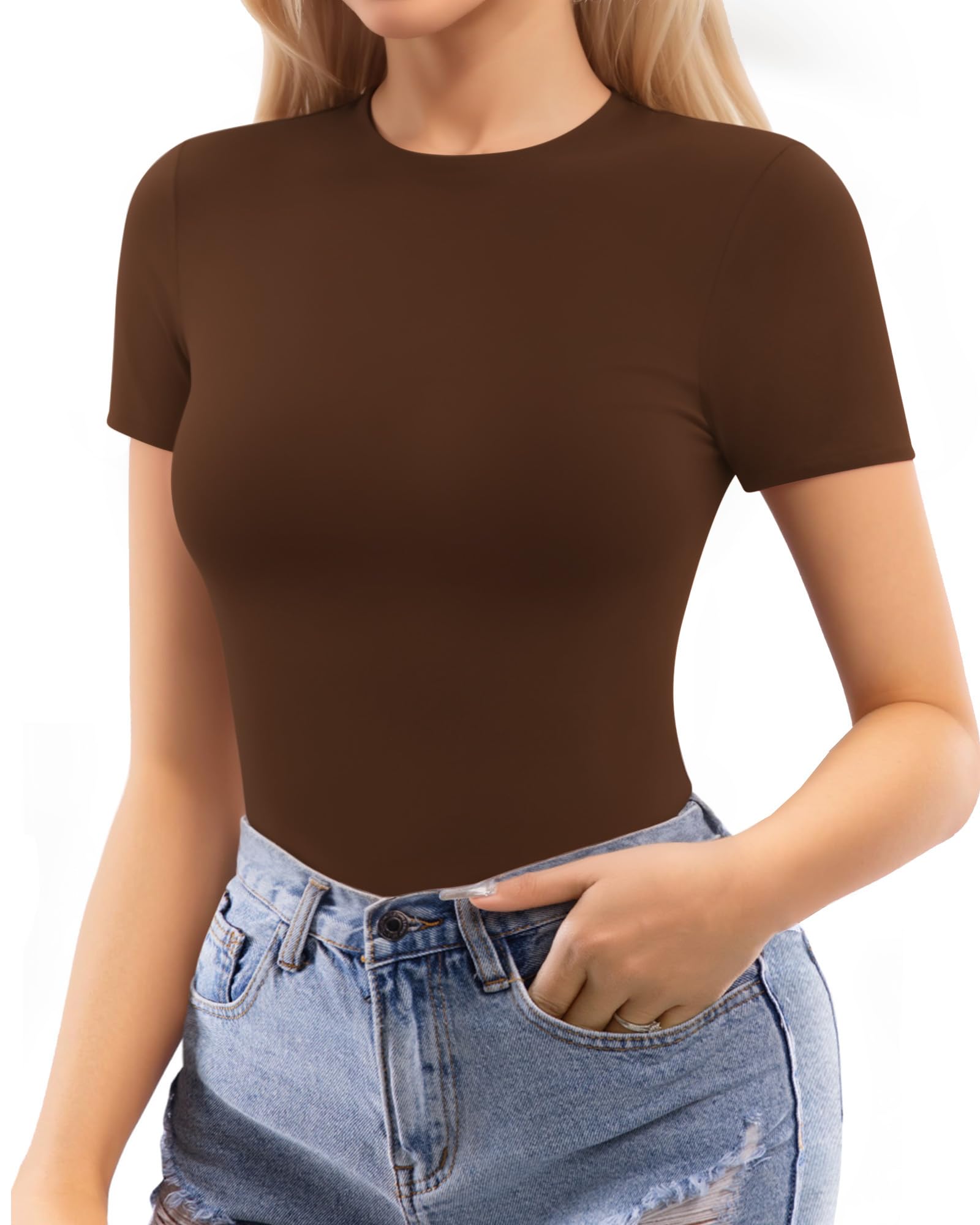 MANGOPOP Womens Short Sleeve Bodysuit Crew Neck Double Lined T-shirt Tops Second Skin Bodysuit Collection