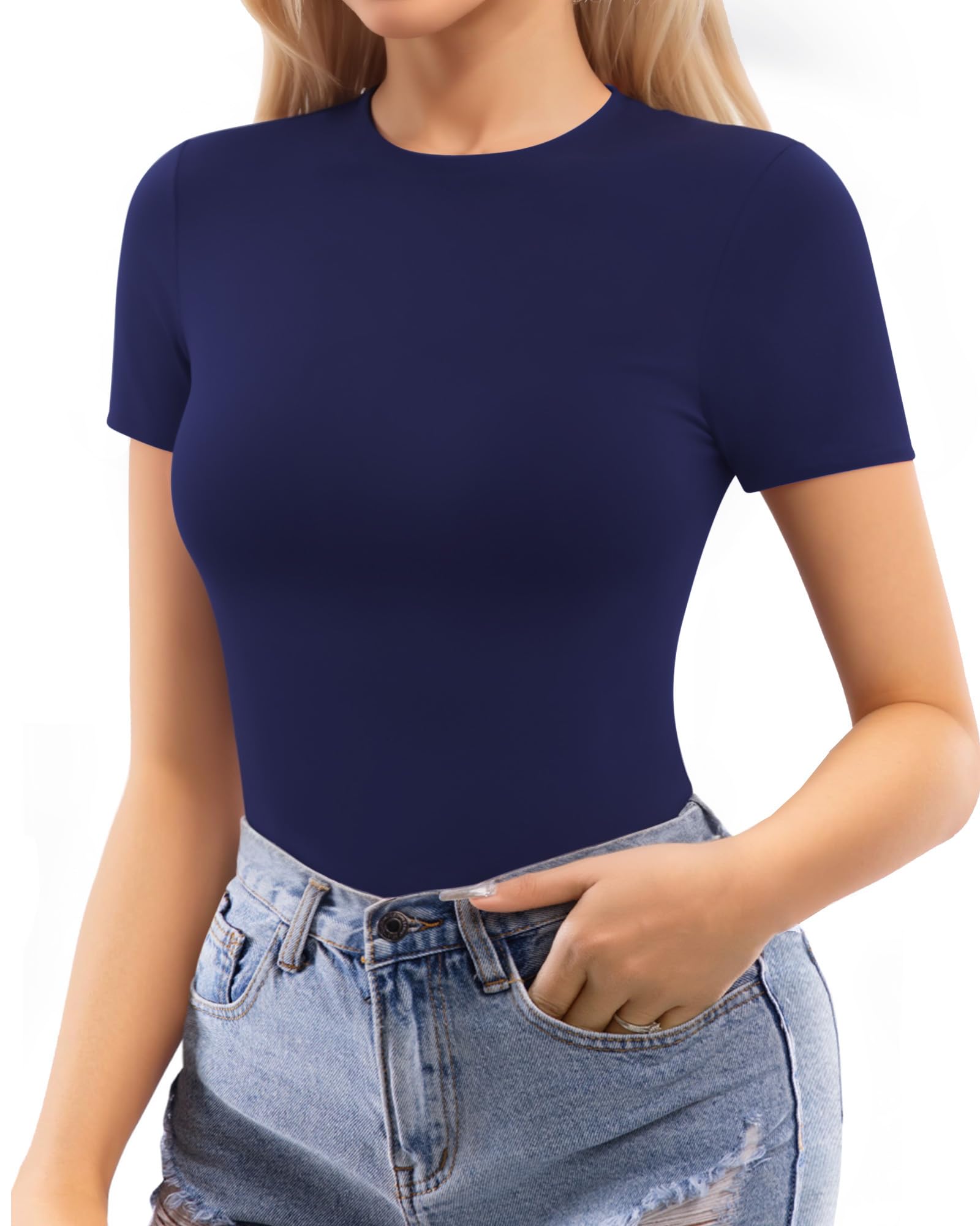 MANGOPOP Womens Short Sleeve Bodysuit Crew Neck Double Lined T-shirt Tops Second Skin Bodysuit Collection