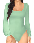 MANGOPOP Square Neck Puff Sleeve Bodysuit Loose Lantern Long Sleeve Body Suit for Women for Going Out