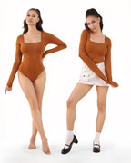 MANGOPOP Women's Square Neck Long Sleeve Bodysuit Slim Fitted Tops