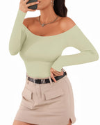 MANGOPOP Off The Shoulder Long Sleeve Short Sleeve Bodysuit for Women