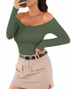 MANGOPOP Off The Shoulder Long Sleeve Short Sleeve Bodysuit for Women