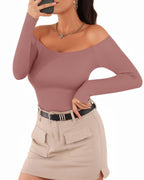 MANGOPOP Off The Shoulder Long Sleeve Short Sleeve Bodysuit for Women