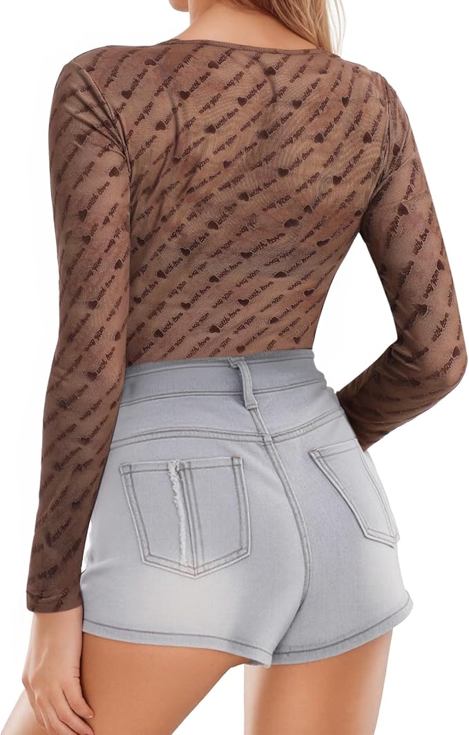 MANGOPOP Mesh Long-Sleeve Sheer T See Through Blouse Tie Dye