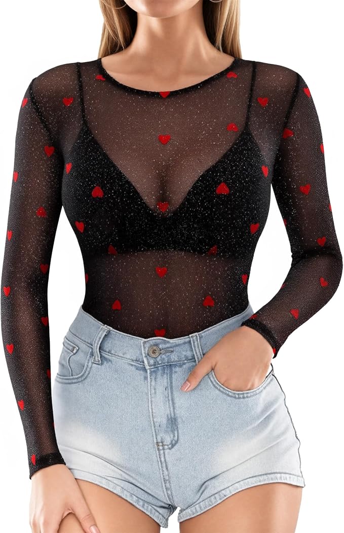 MANGOPOP Mesh Long-Sleeve Sheer T See Through Blouse Velvet Heart
