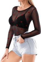 MANGOPOP Mesh Long-Sleeve Sheer T See Through Blouse Velvet Heart