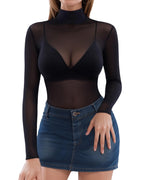 MANGOPOP Long-Sleeve Mesh Sheer Mock Neck Clubwear Top Black