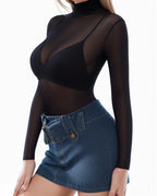 MANGOPOP Long-Sleeve Mesh Sheer Mock Neck Clubwear Top Black