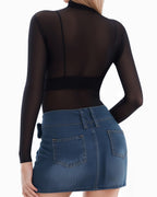 MANGOPOP Long-Sleeve Mesh Sheer Mock Neck Clubwear Top Black