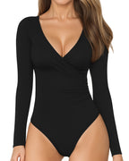 MANGOPOP Cross Wrap Ruched Deep V-Neck Bodysuit - Long Sleeve Black