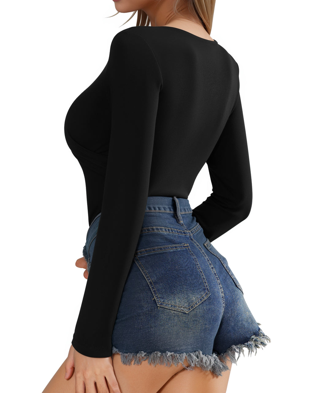 MANGOPOP Cross Wrap Ruched Deep V-Neck Bodysuit - Long Sleeve Black