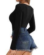 MANGOPOP Cross Wrap Ruched Deep V-Neck Bodysuit - Long Sleeve Black