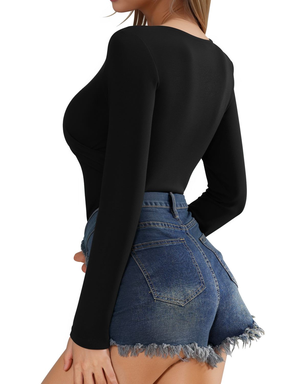 MANGOPOP Cross Wrap Ruched Deep V-Neck Bodysuit - Long Sleeve Black