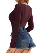 MANGOPOP Cross Wrap Ruched Deep V-Neck Bodysuit - Long Sleeve Burgundy