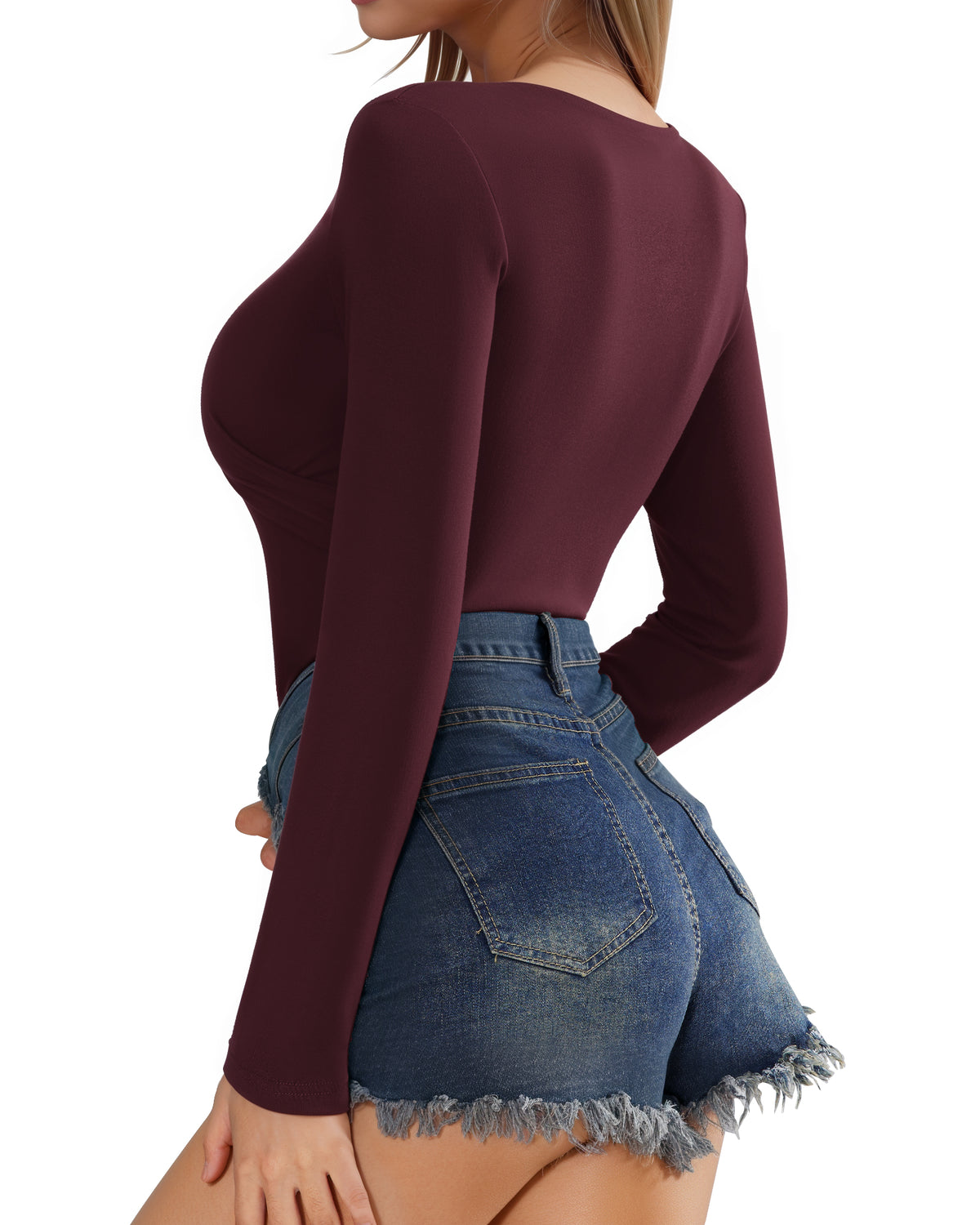 MANGOPOP Cross Wrap Ruched Deep V-Neck Bodysuit - Long Sleeve Burgundy
