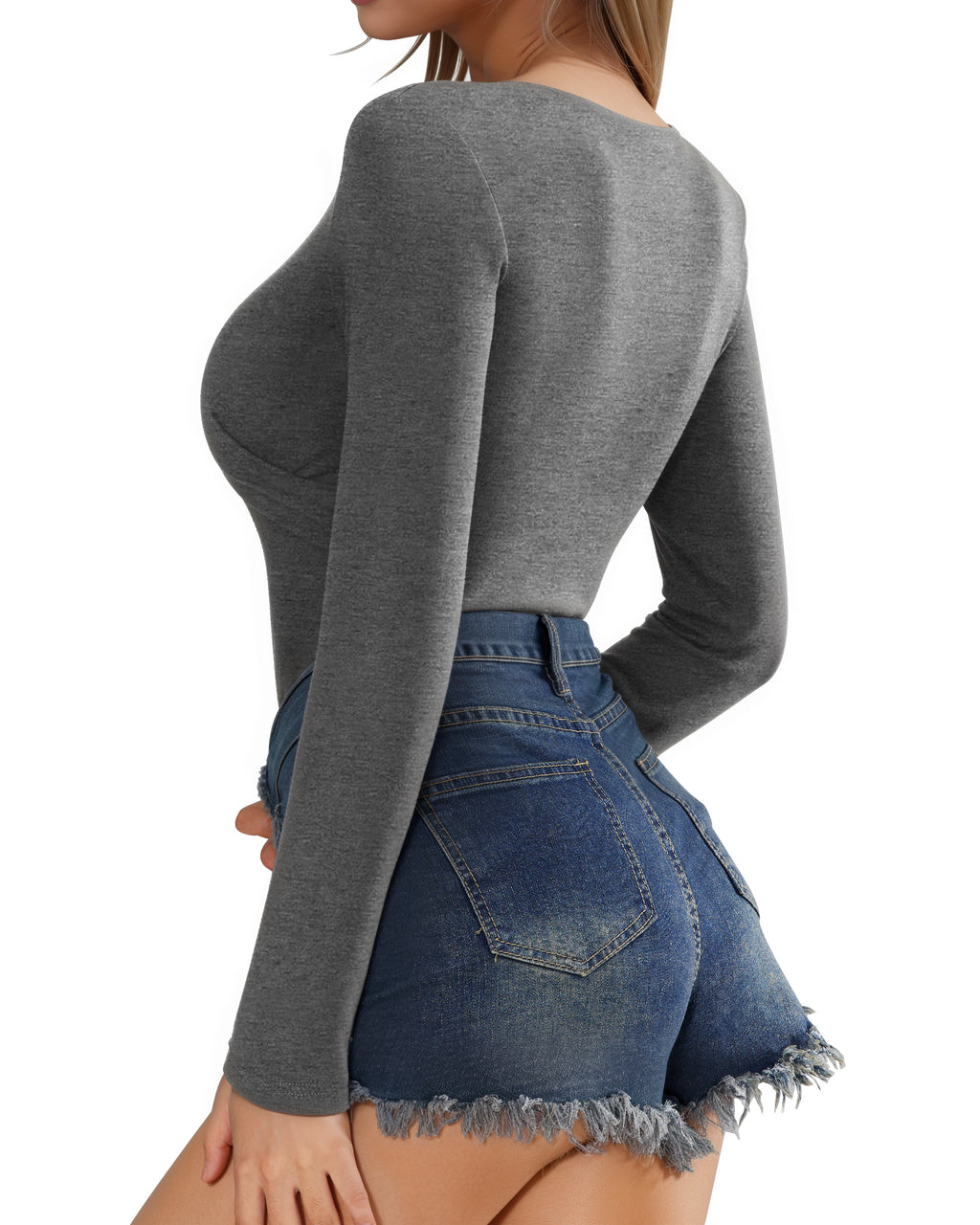 MANGOPOP Cross Wrap Ruched Deep V-Neck Bodysuit - Long Sleeve Dark Grey