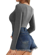 MANGOPOP Cross Wrap Ruched Deep V-Neck Bodysuit - Long Sleeve Dark Grey