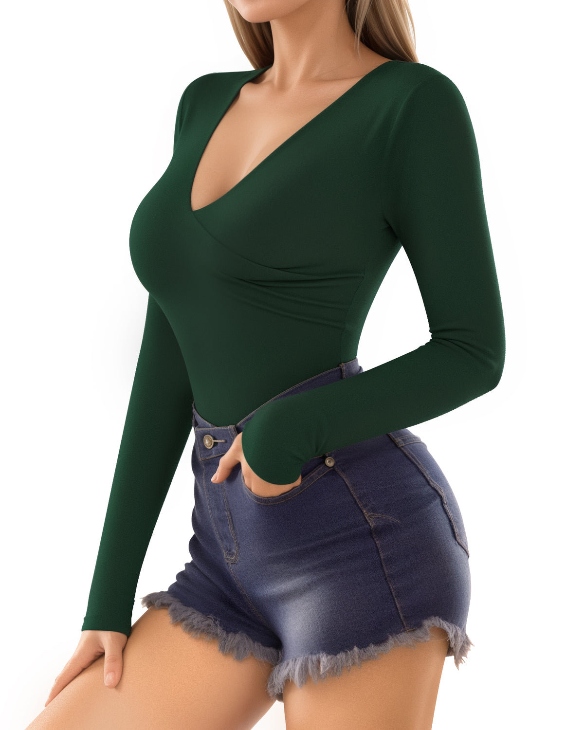 MANGOPOP Cross Wrap Ruched Deep V-Neck Bodysuit - Long Sleeve Deep Green