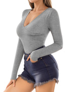 MANGOPOP Cross Wrap Ruched Deep V-Neck Bodysuit - Long Sleeve Light Grey