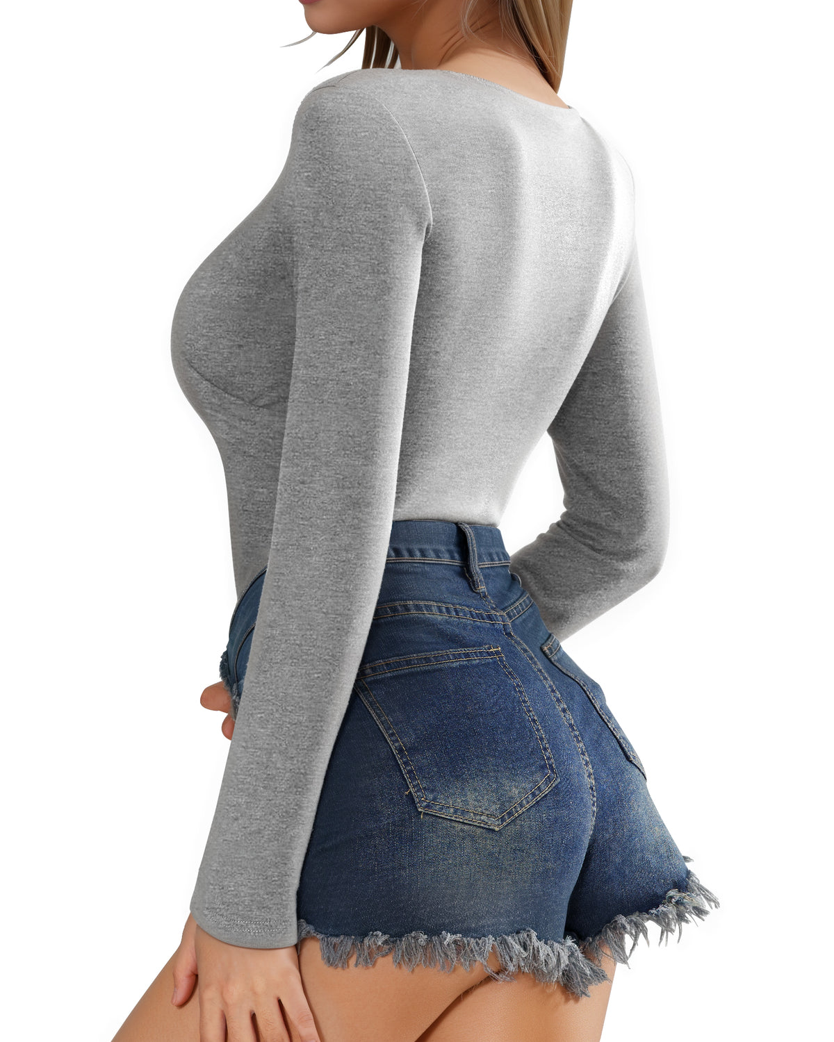 MANGOPOP Cross Wrap Ruched Deep V-Neck Bodysuit - Long Sleeve Light Grey