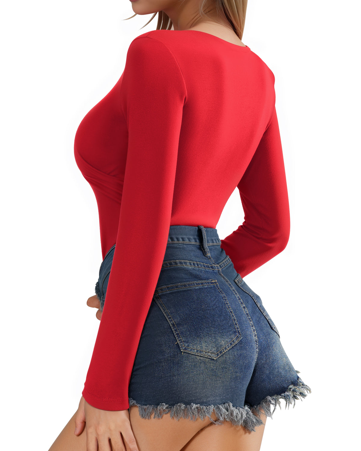 MANGOPOP Cross Wrap Ruched Deep V-Neck Bodysuit - Long Sleeve Red