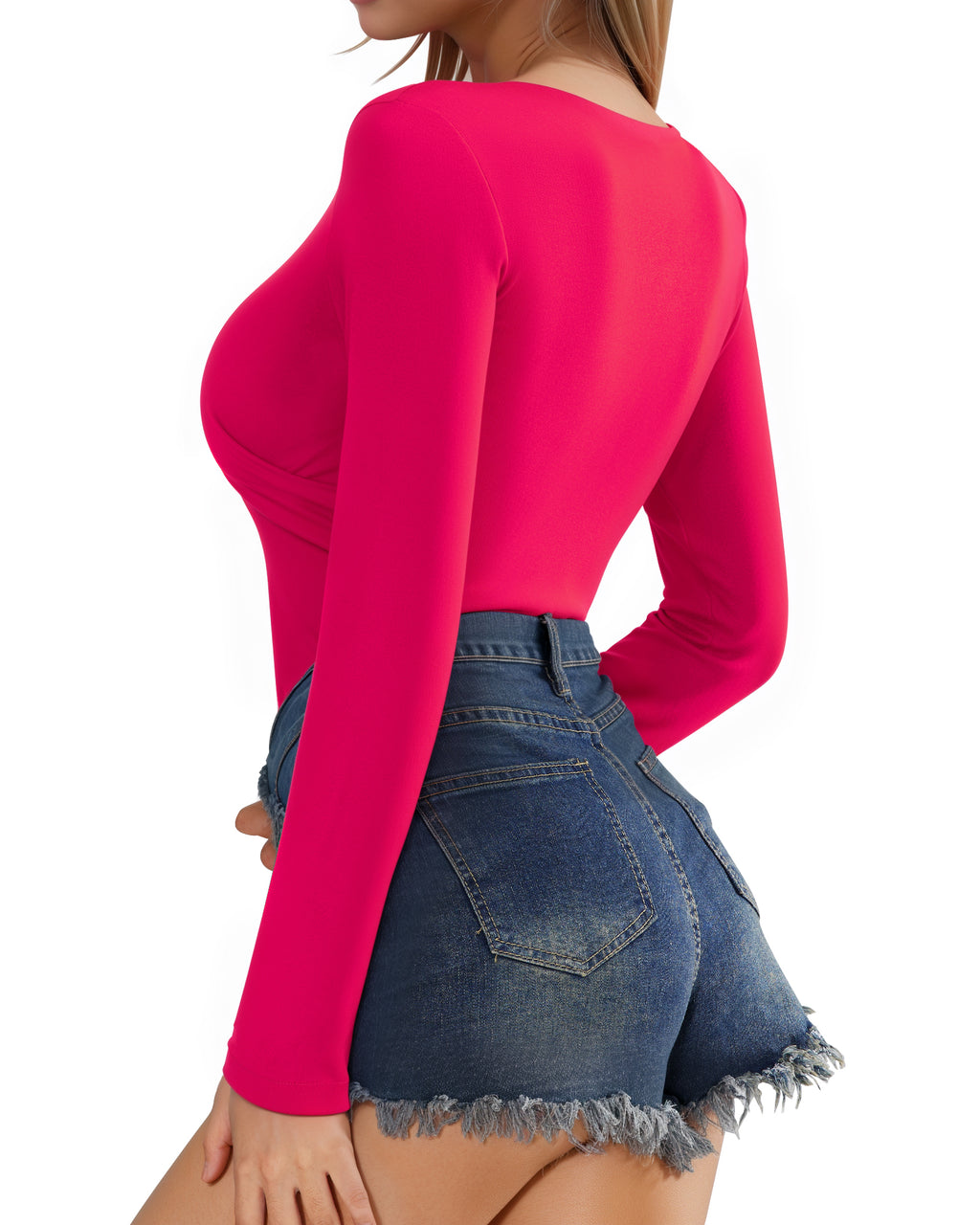 MANGOPOP Cross Wrap Ruched Deep V-Neck Bodysuit - Long Sleeve Rose Pink