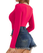MANGOPOP Cross Wrap Ruched Deep V-Neck Bodysuit - Long Sleeve Rose Pink