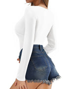 MANGOPOP Cross Wrap Ruched Deep V-Neck Bodysuit - Long Sleeve White