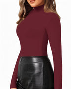 MANGOPOP Mock Neck Slim-Fit Top - Burgundy