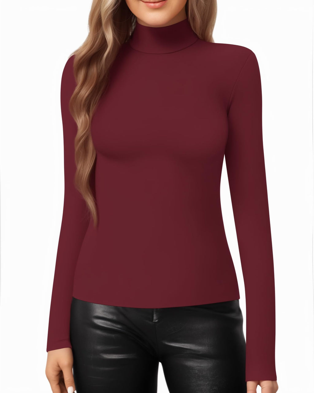MANGOPOP Mock Neck Slim-Fit Top - Burgundy
