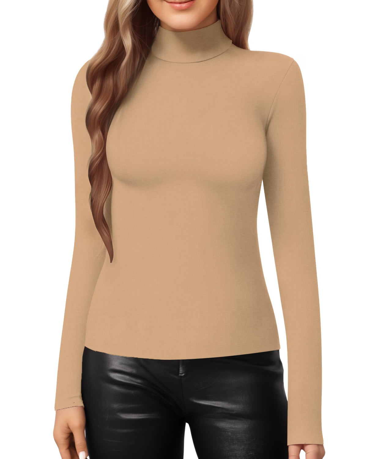 MANGOPOP Mock Neck Slim-Fit Top - Light Camel