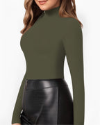 MANGOPOP Mock Neck Slim-Fit Top - Olive Green