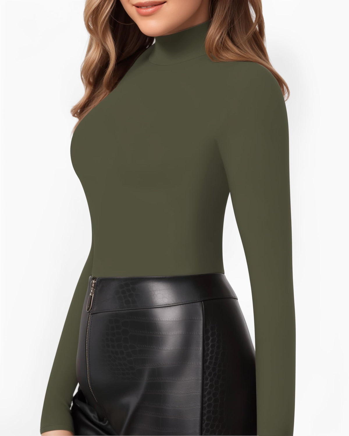 MANGOPOP Mock Neck Slim-Fit Top - Olive Green