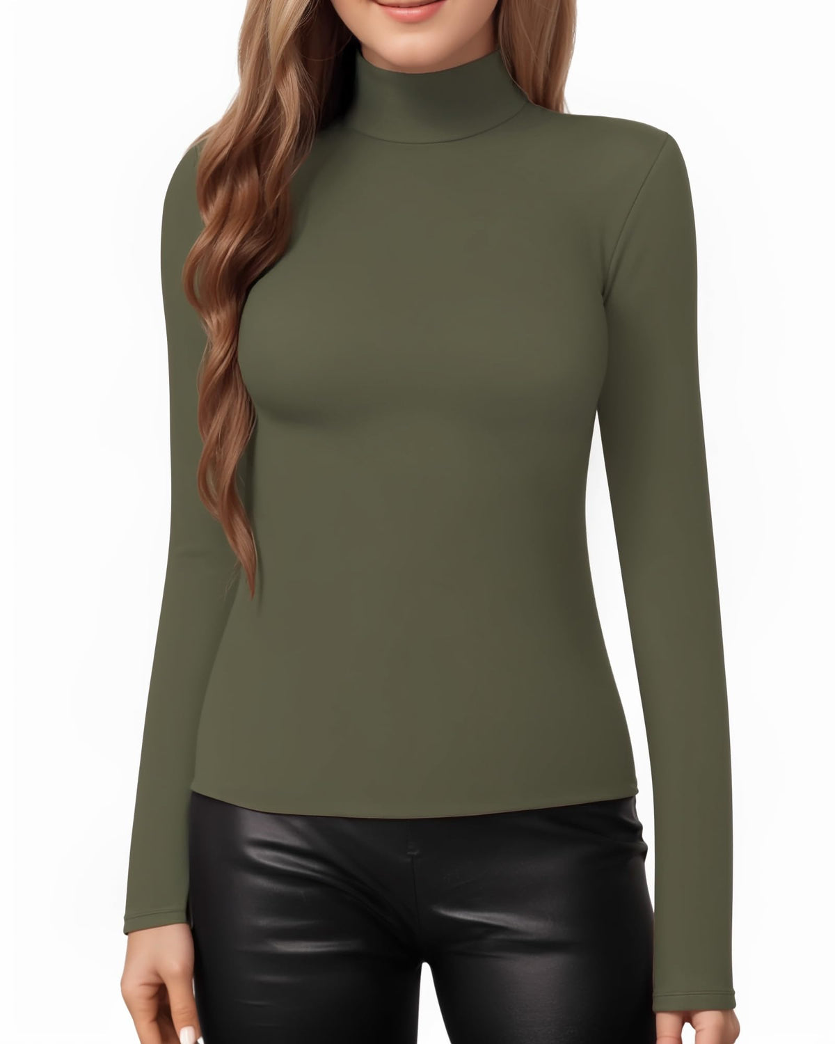 MANGOPOP Mock Neck Slim-Fit Top - Olive Green