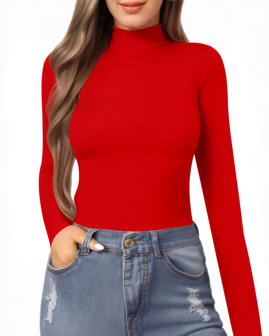 MANGOPOP Mock Neck Slim-Fit Top - Red
