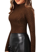 MANGOPOP Mock Neck Slim-Fit Top - Coffee With Patterned