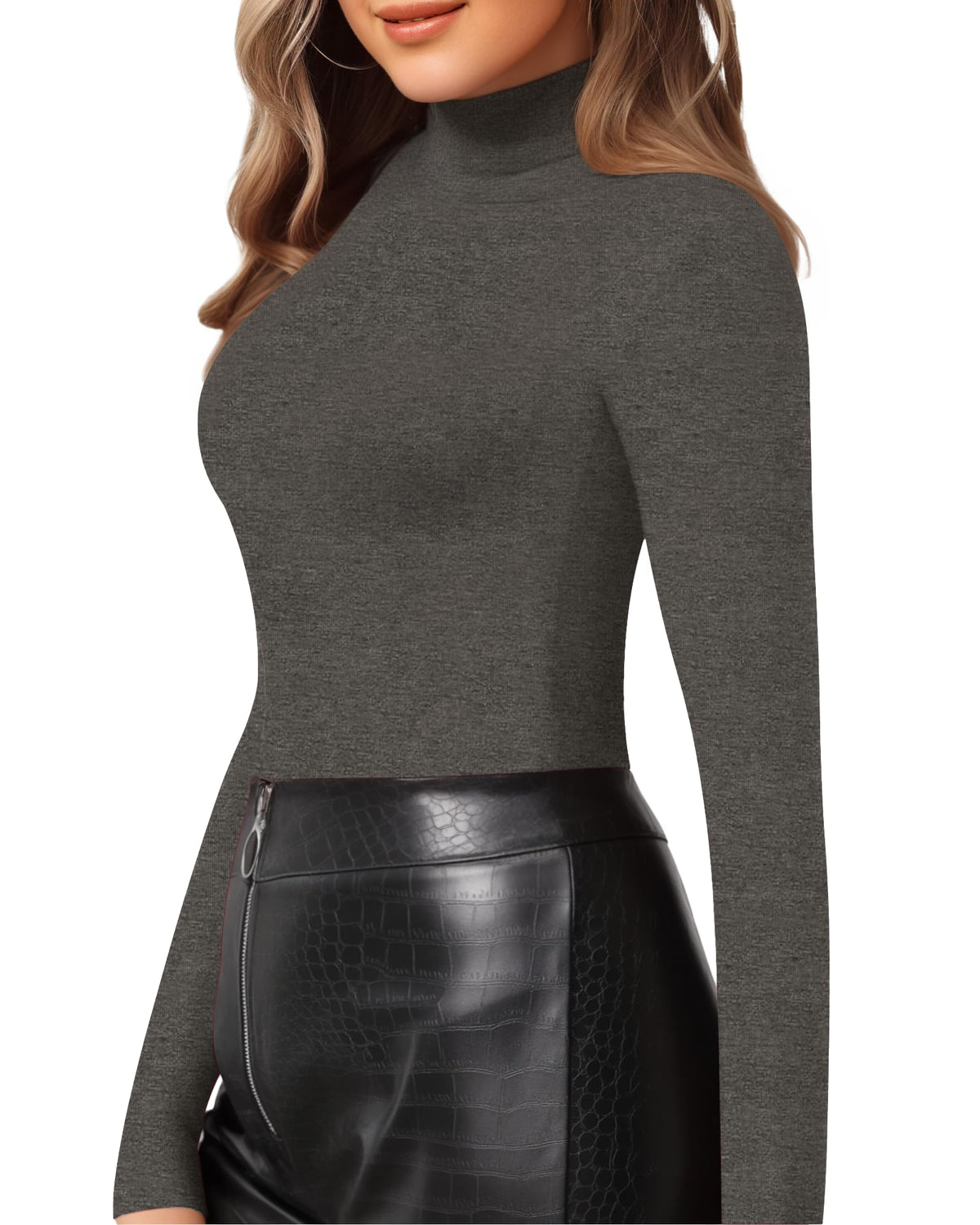 MANGOPOP Mock Neck Slim-Fit Top - Dark Heather Grey
