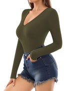 MANGOPOP Deep V-Neck Long-Sleeve Slim Fitted Top - Army Green