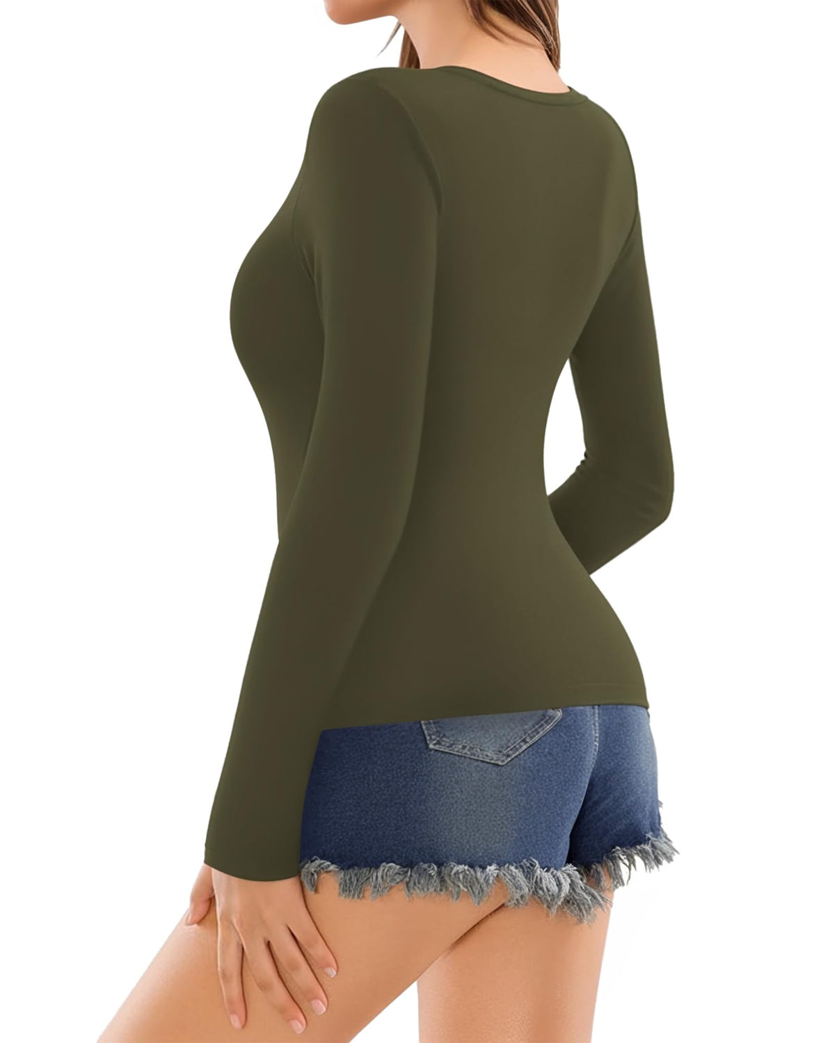 MANGOPOP Deep V-Neck Long-Sleeve Slim Fitted Top - Army Green