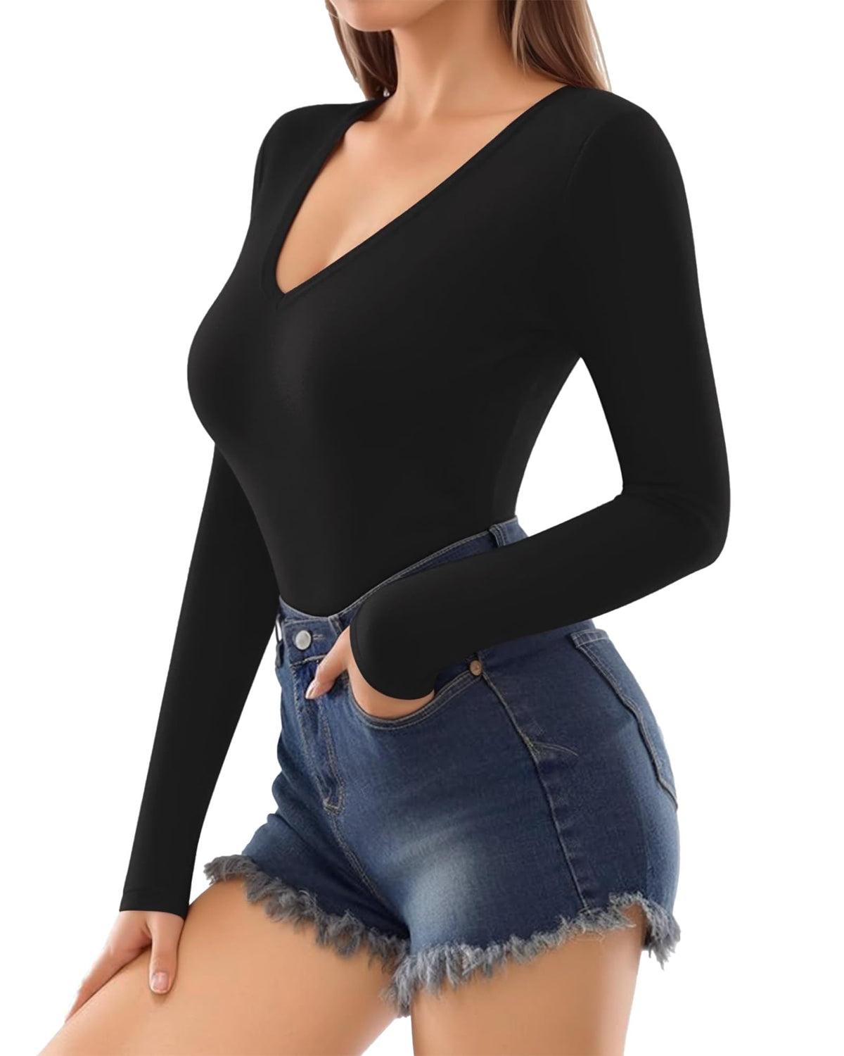 MANGOPOP Deep V-Neck Long-Sleeve Slim Fitted Top - Black