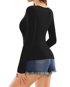 MANGOPOP Deep V-Neck Long-Sleeve Slim Fitted Top - Black