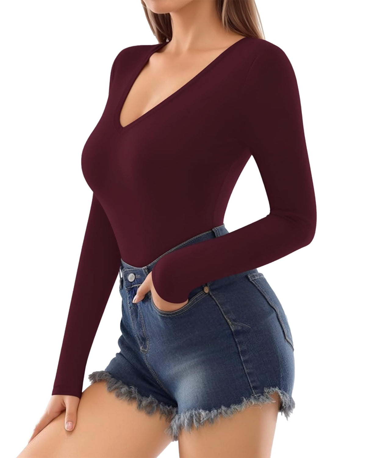 MANGOPOP Deep V-Neck Long-Sleeve Slim Fitted Top - Burgundy