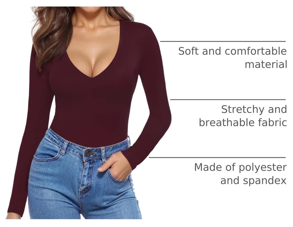 MANGOPOP Deep V-Neck Long-Sleeve Slim Fitted Top - Burgundy
