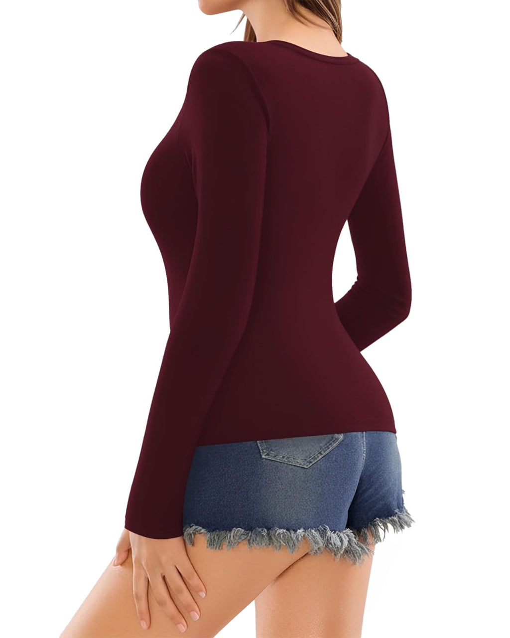 MANGOPOP Deep V-Neck Long-Sleeve Slim Fitted Top - Burgundy